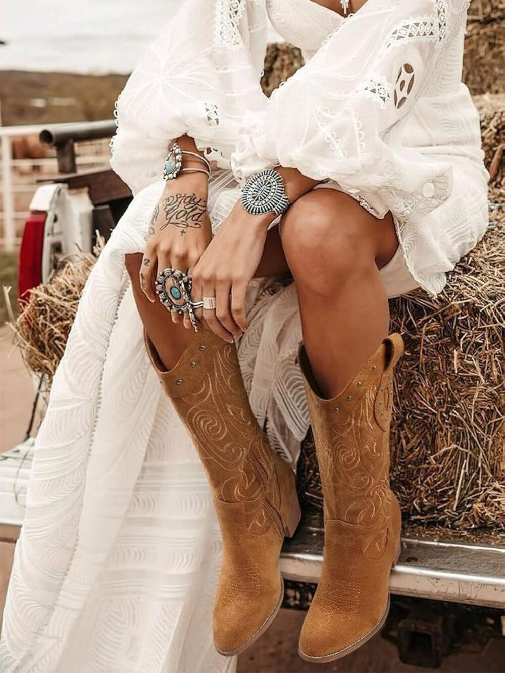 Women's Western Pointed Toe Chunky Heel Suede Embroidered Mid Calf Boot Brown - Picture 3 of 6